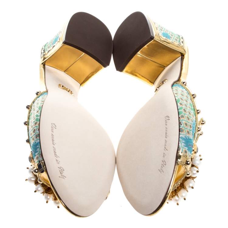 Pre Owned Dolce & Gabbana Multicolor Brocade Fabric And Patent Leather Trim Crystal Embellished Open Toe Sandals Size 37.5