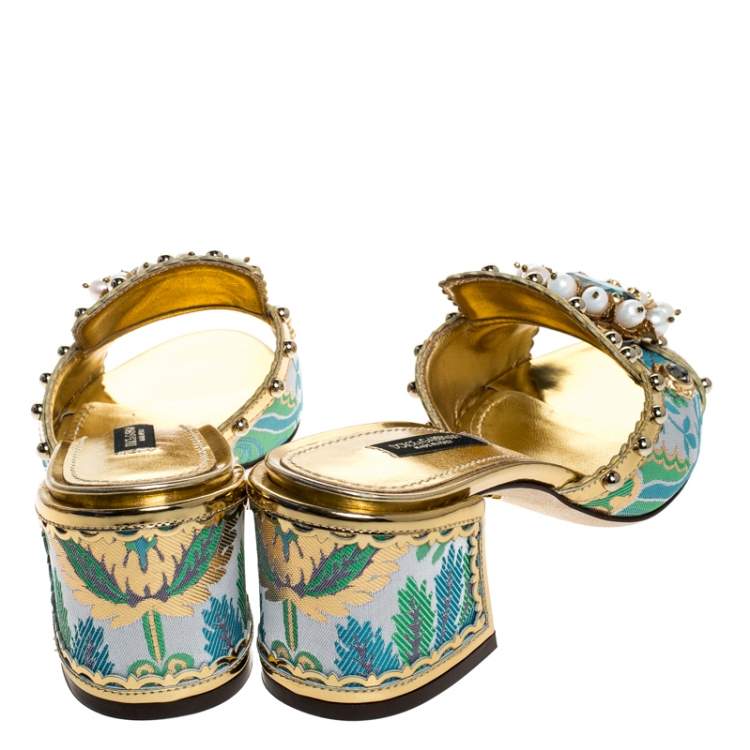 Pre Owned Dolce & Gabbana Multicolor Brocade Fabric And Patent Leather Trim Crystal Embellished Open Toe Sandals Size 37.5