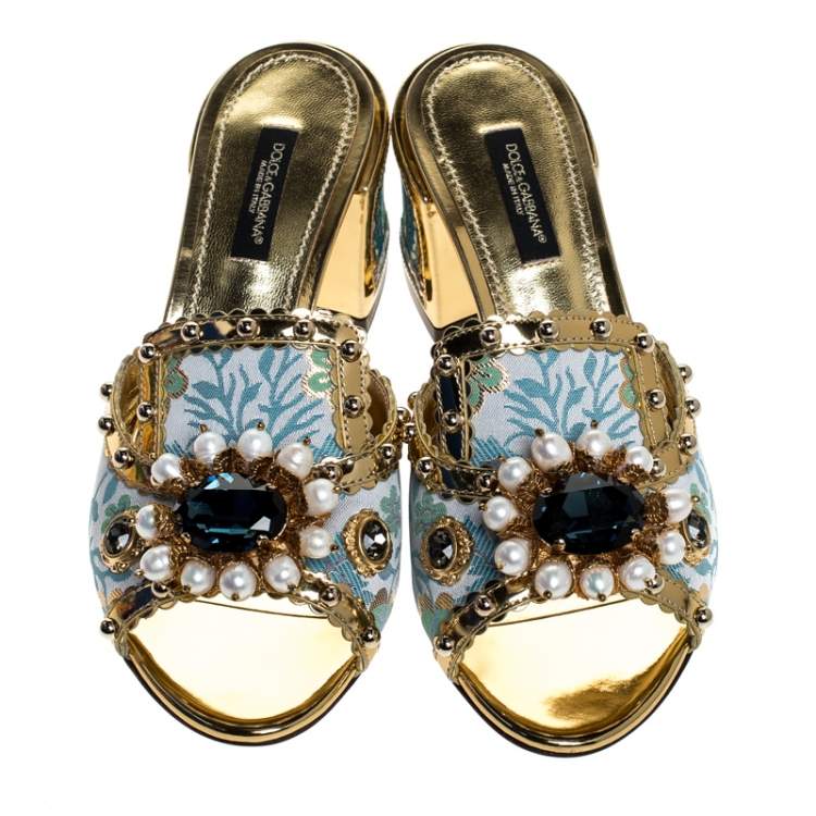 Pre Owned Dolce & Gabbana Multicolor Brocade Fabric And Patent Leather Trim Crystal Embellished Open Toe Sandals Size 37.5