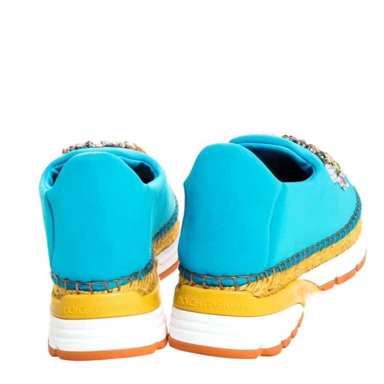 Pre Owned Dolce & Gabbana Blue Neoprene Barcelona Embellished Slip On Sneakers Size 38