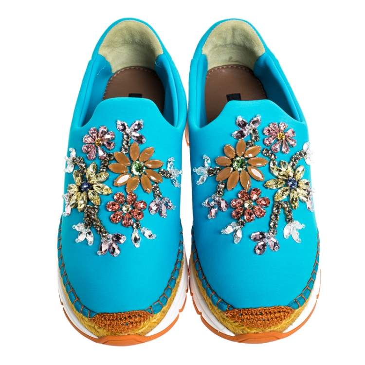 Pre Owned Dolce & Gabbana Blue Neoprene Barcelona Embellished Slip On Sneakers Size 38