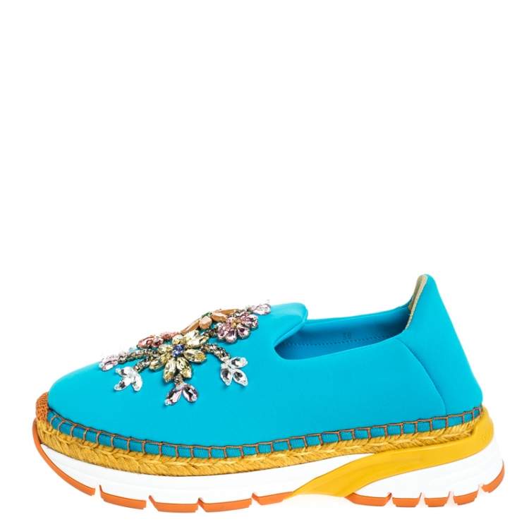 Pre Owned Dolce & Gabbana Blue Neoprene Barcelona Embellished Slip On Sneakers Size 38