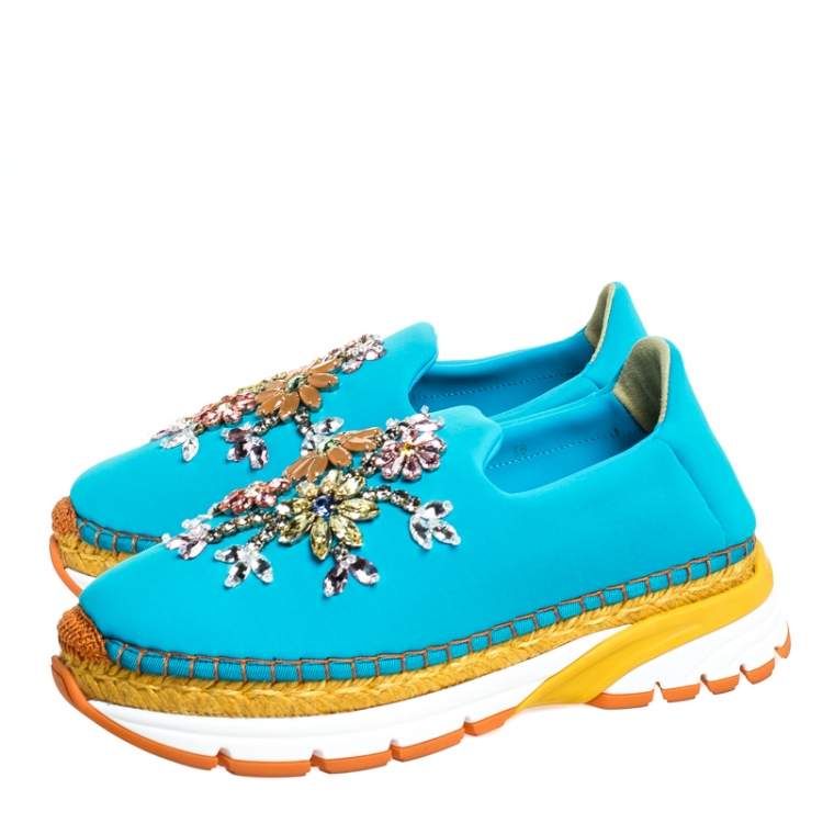 Pre Owned Dolce & Gabbana Blue Neoprene Barcelona Embellished Slip On Sneakers Size 38