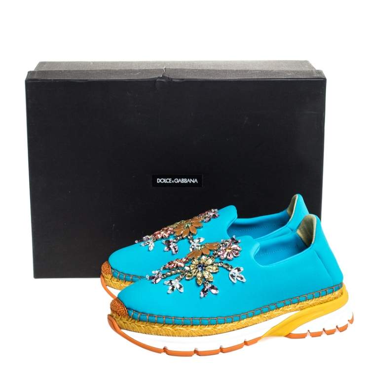 Pre Owned Dolce & Gabbana Blue Neoprene Barcelona Embellished Slip On Sneakers Size 38