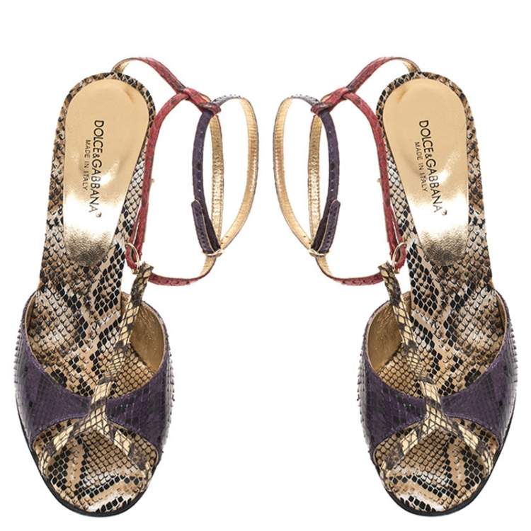 Pre Owned Dolce & Gabbana Multicolor Python Leather Crystal Embellished Heel Ankle Strap Sandals Size 38.5