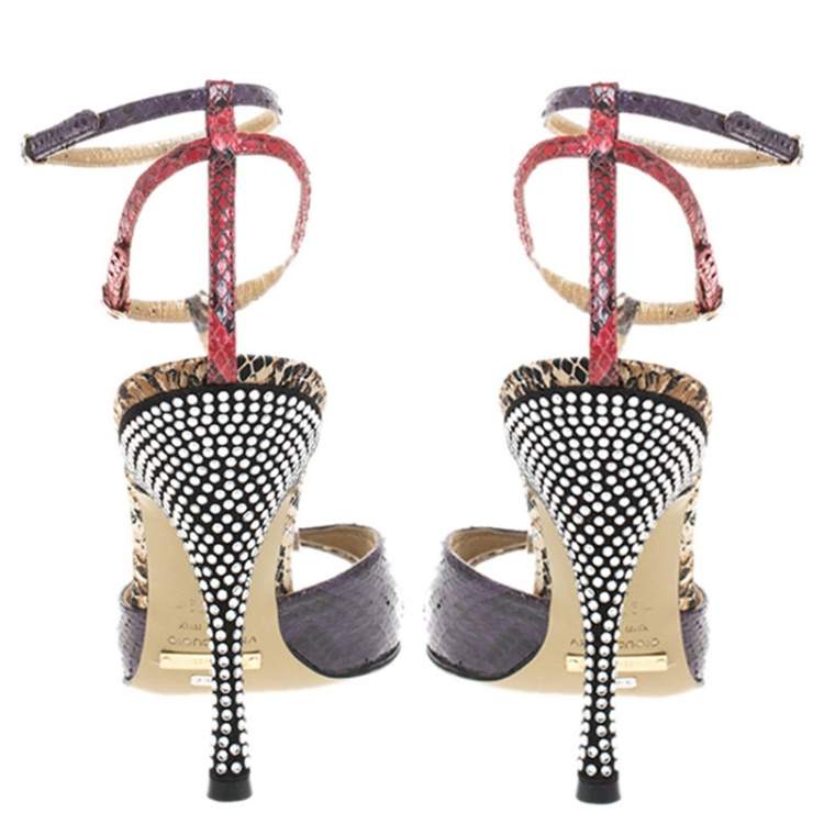 Pre Owned Dolce & Gabbana Multicolor Python Leather Crystal Embellished Heel Ankle Strap Sandals Size 38.5