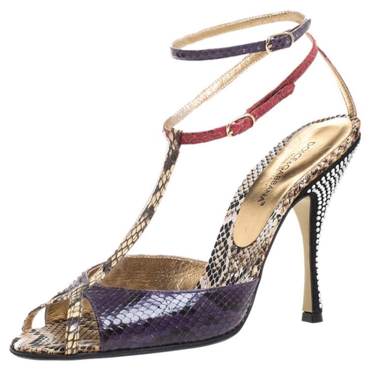 Pre Owned Dolce & Gabbana Multicolor Python Leather Crystal Embellished Heel Ankle Strap Sandals Size 38.5