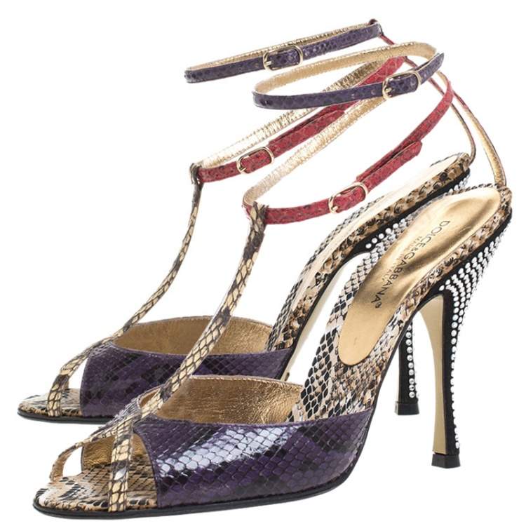 Pre Owned Dolce & Gabbana Multicolor Python Leather Crystal Embellished Heel Ankle Strap Sandals Size 38.5
