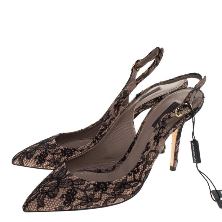 Pre Owned Dolce & Gabbana Beige Suede And Black Chantilly Lace Bellucci Slingback Sandals Size 39