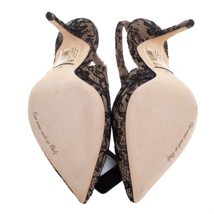 Pre Owned Dolce & Gabbana Beige Suede And Black Chantilly Lace Bellucci Slingback Sandals Size 39