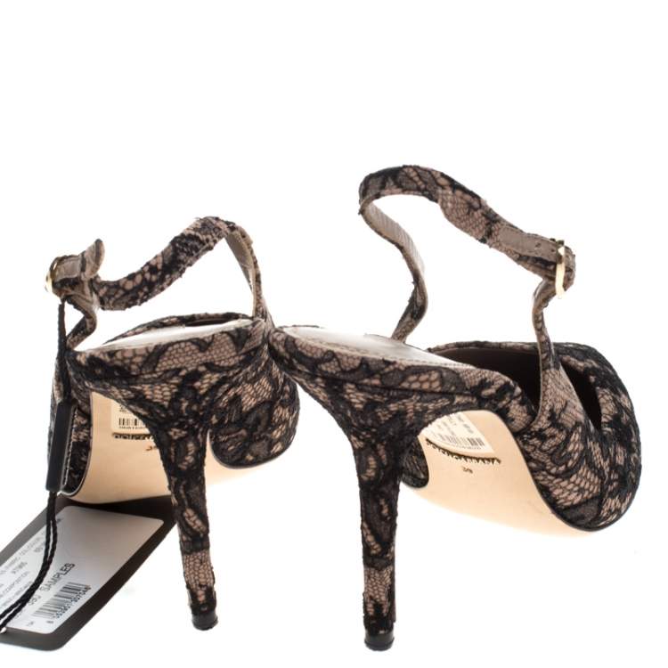 Pre Owned Dolce & Gabbana Beige Suede And Black Chantilly Lace Bellucci Slingback Sandals Size 39