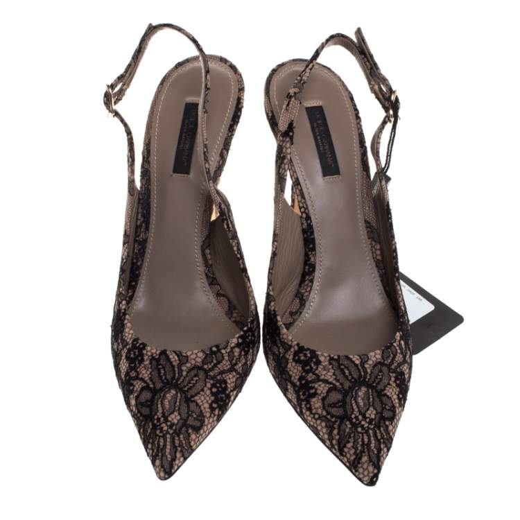Pre Owned Dolce & Gabbana Beige Suede And Black Chantilly Lace Bellucci Slingback Sandals Size 39