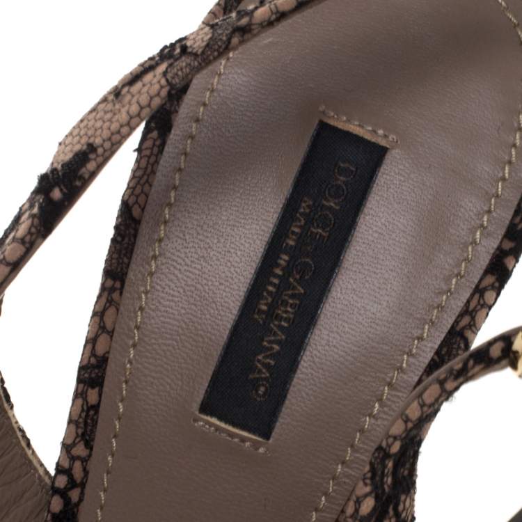 Pre Owned Dolce & Gabbana Beige Suede And Black Chantilly Lace Bellucci Slingback Sandals Size 39