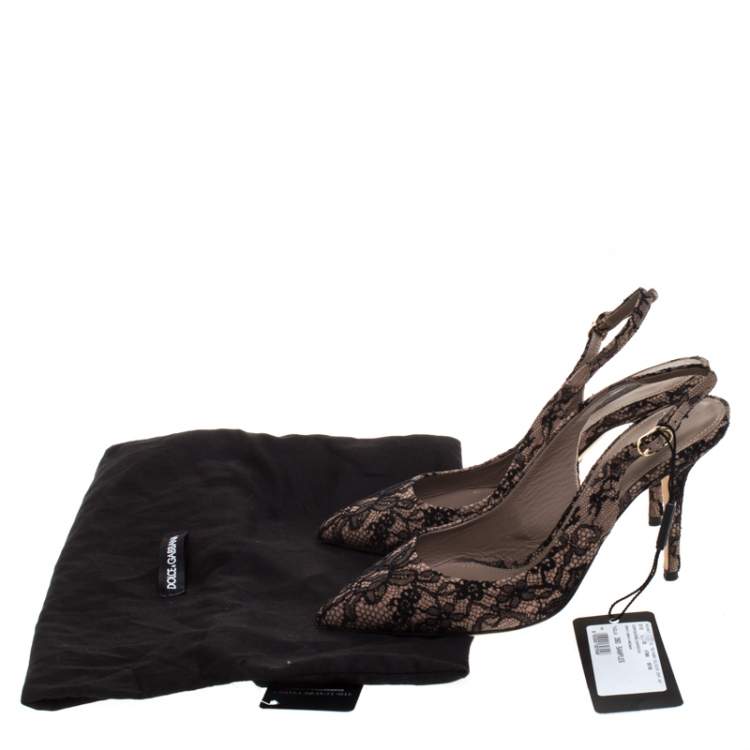 Pre Owned Dolce & Gabbana Beige Suede And Black Chantilly Lace Bellucci Slingback Sandals Size 39