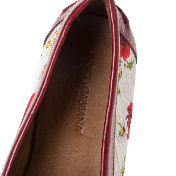 Pre Owned Dolce & Gabbana Red Brocade Fabric Crystal Embellished Loafers Size 36.5