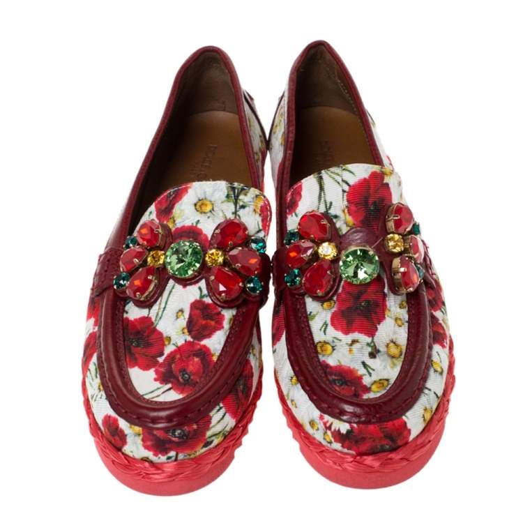 Pre Owned Dolce & Gabbana Red Brocade Fabric Crystal Embellished Loafers Size 36.5