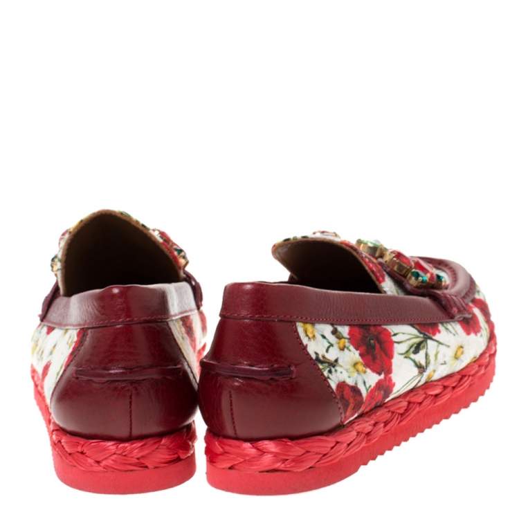 Pre Owned Dolce & Gabbana Red Brocade Fabric Crystal Embellished Loafers Size 36.5