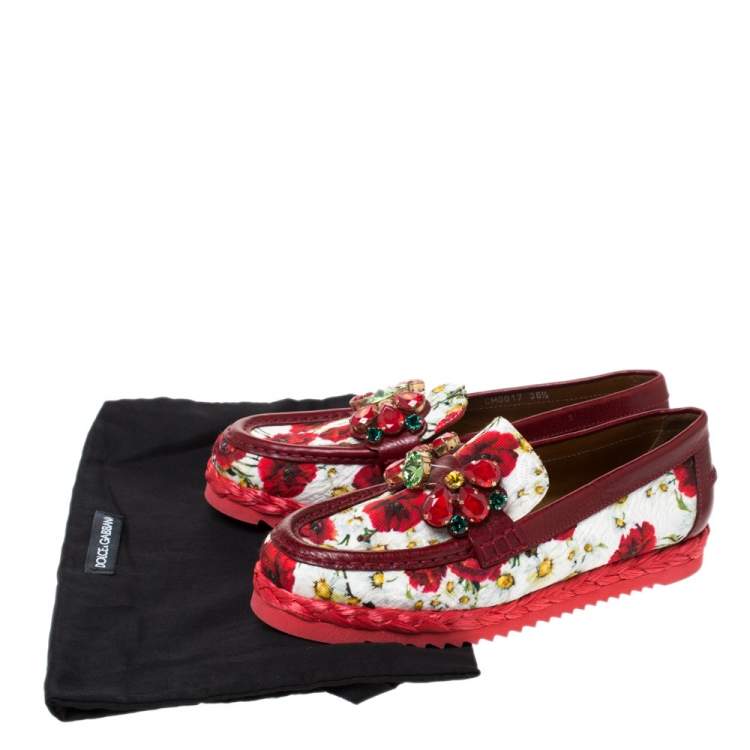 Pre Owned Dolce & Gabbana Red Brocade Fabric Crystal Embellished Loafers Size 36.5