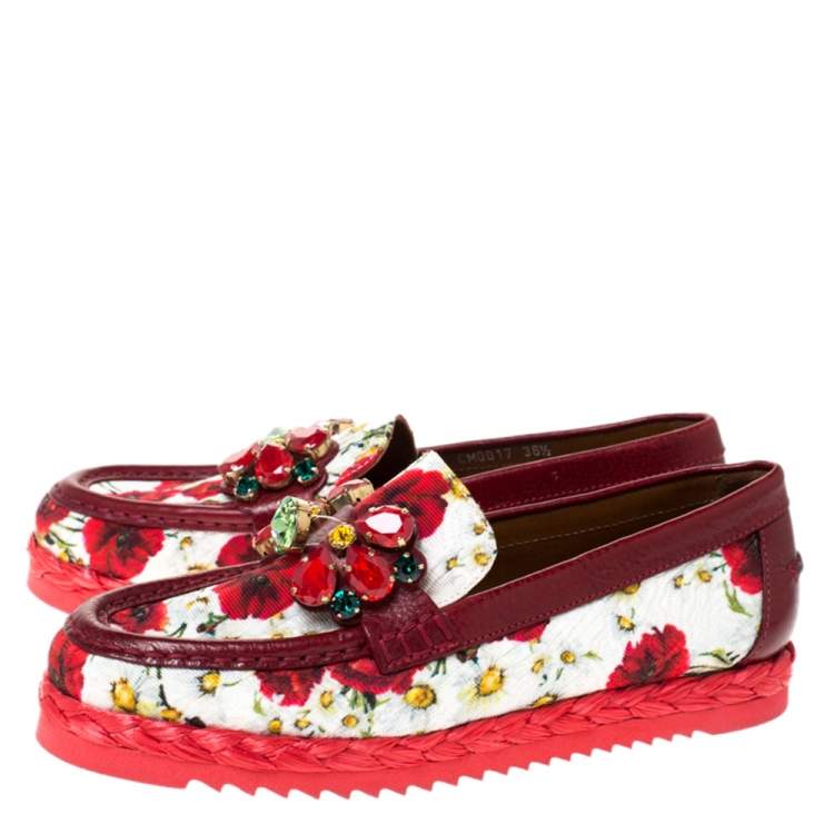 Pre Owned Dolce & Gabbana Red Brocade Fabric Crystal Embellished Loafers Size 36.5