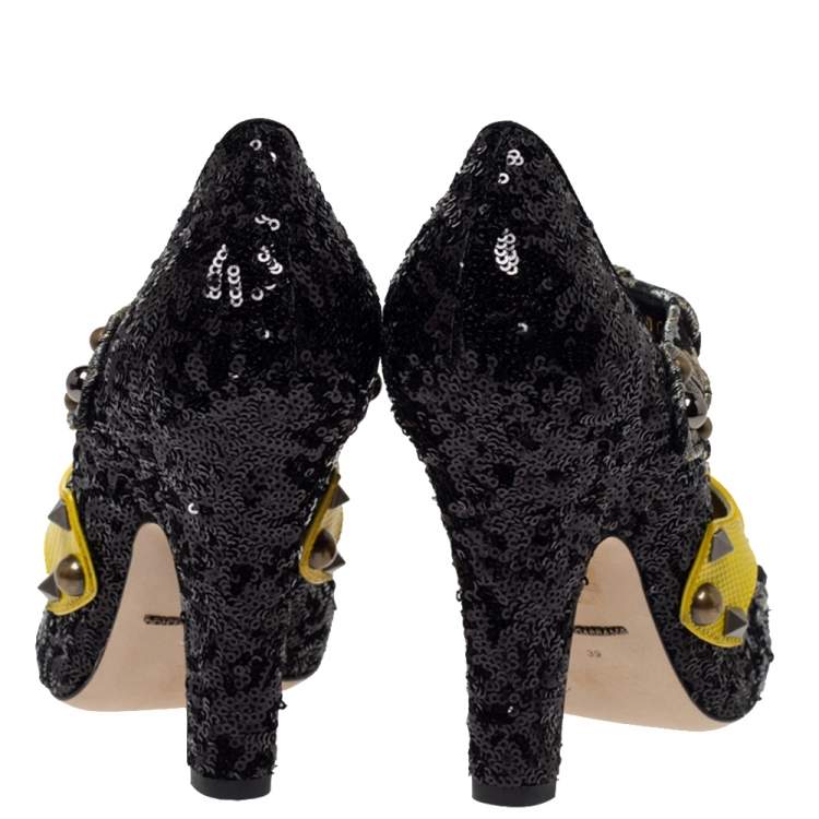 Pre Owned Dolce & Gabbana Black Mixed Media Crystal Embellished Mary Jane Pumps Size 39