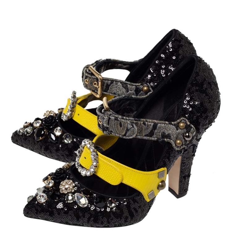Pre Owned Dolce & Gabbana Black Mixed Media Crystal Embellished Mary Jane Pumps Size 39
