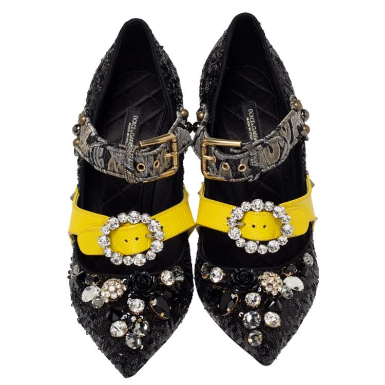 Pre Owned Dolce & Gabbana Black Mixed Media Crystal Embellished Mary Jane Pumps Size 39