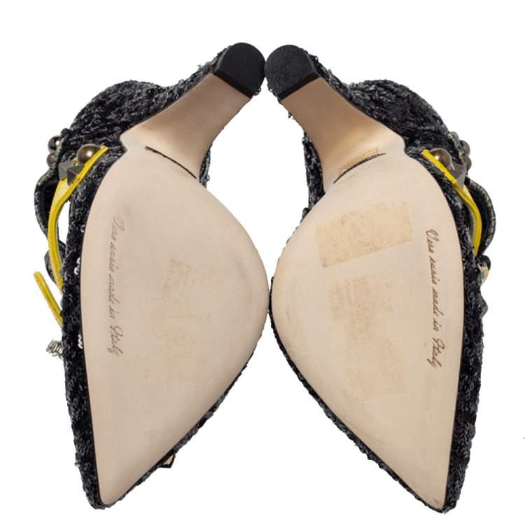 Pre Owned Dolce & Gabbana Black Mixed Media Crystal Embellished Mary Jane Pumps Size 39
