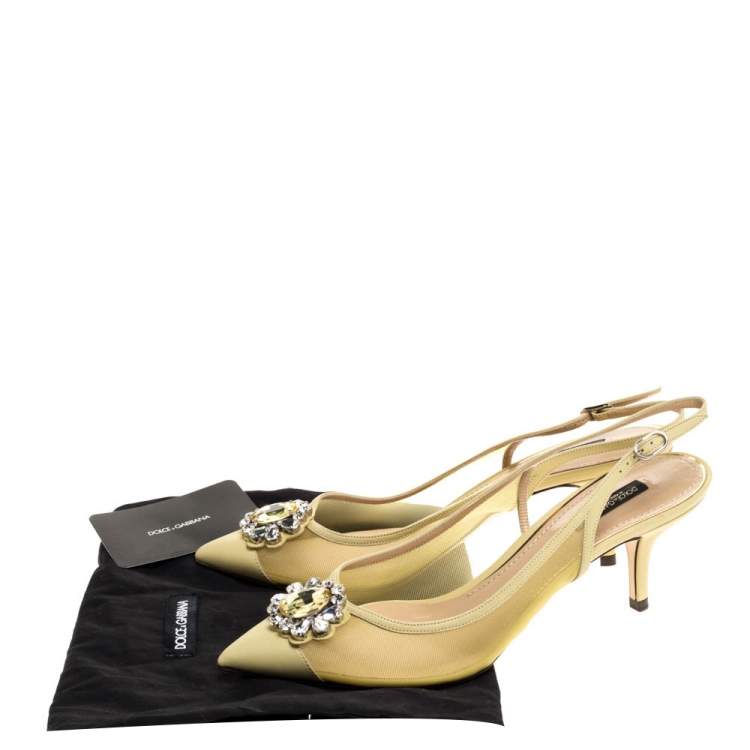 Pre Owned Dolce and Gabbana Green Mesh And Leather Crystal Embellished Slingback Sandals Size 38