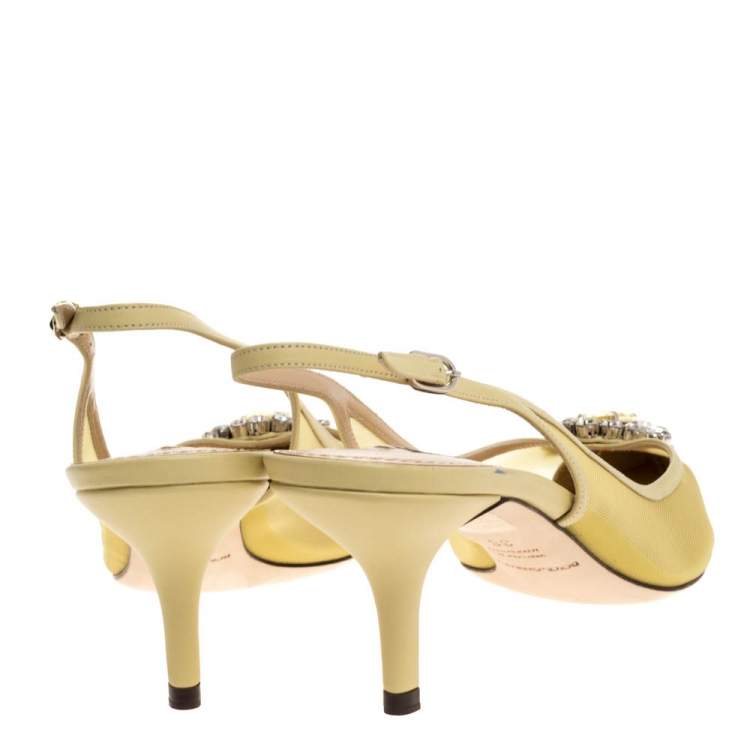 Pre Owned Dolce and Gabbana Green Mesh And Leather Crystal Embellished Slingback Sandals Size 38
