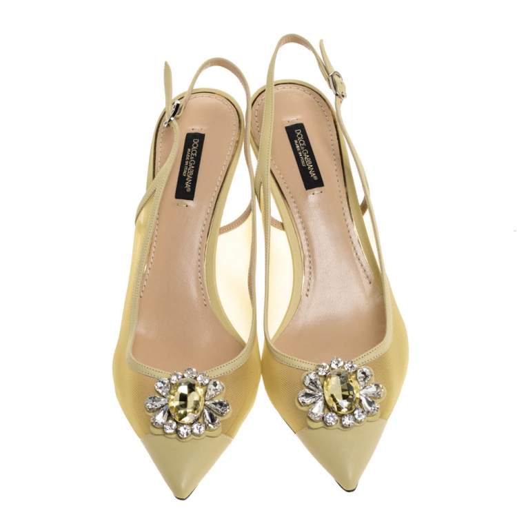 Pre Owned Dolce and Gabbana Green Mesh And Leather Crystal Embellished Slingback Sandals Size 38