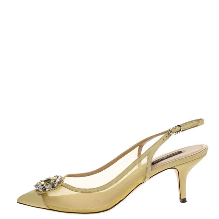 Pre Owned Dolce and Gabbana Green Mesh And Leather Crystal Embellished Slingback Sandals Size 38