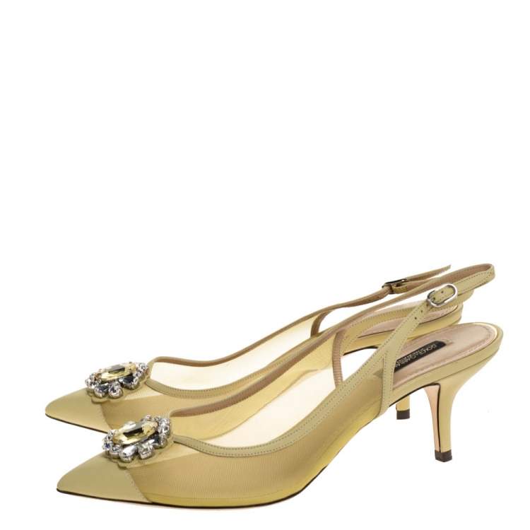 Pre Owned Dolce and Gabbana Green Mesh And Leather Crystal Embellished Slingback Sandals Size 38
