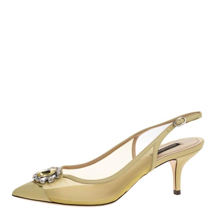 Pre Owned Dolce and Gabbana Green Mesh And Leather Crystal Embellished Slingback Sandals Size 38