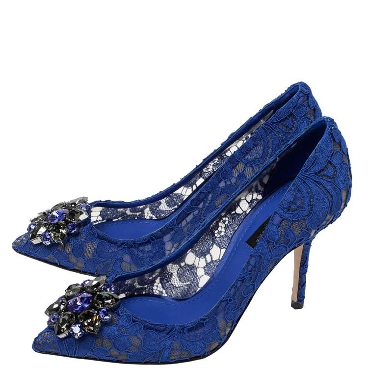 Pre Owned Dolce & Gabbana Blue Lace Jeweled Embellishment Pointed Toe Pumps Size 36