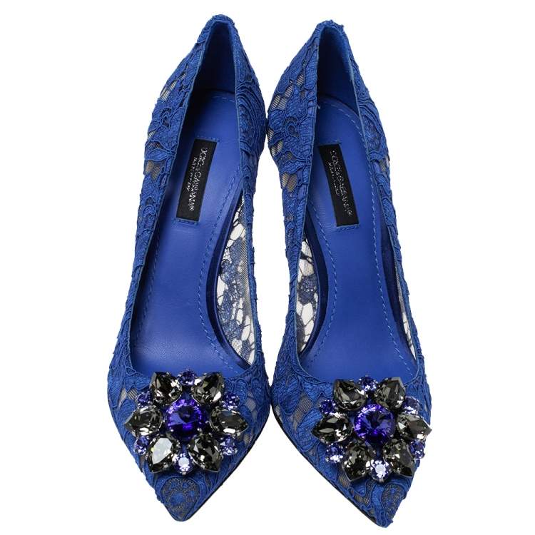 Pre Owned Dolce & Gabbana Blue Lace Jeweled Embellishment Pointed Toe Pumps Size 36