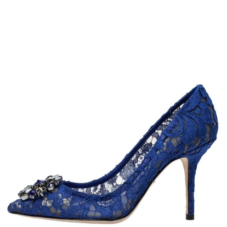 Pre Owned Dolce & Gabbana Blue Lace Jeweled Embellishment Pointed Toe Pumps Size 36