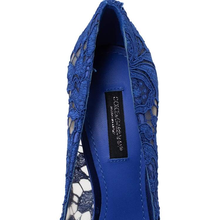 Pre Owned Dolce & Gabbana Blue Lace Jeweled Embellishment Pointed Toe Pumps Size 36
