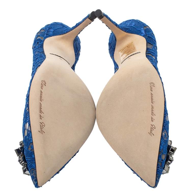 Pre Owned Dolce & Gabbana Blue Lace Jeweled Embellishment Pointed Toe Pumps Size 36