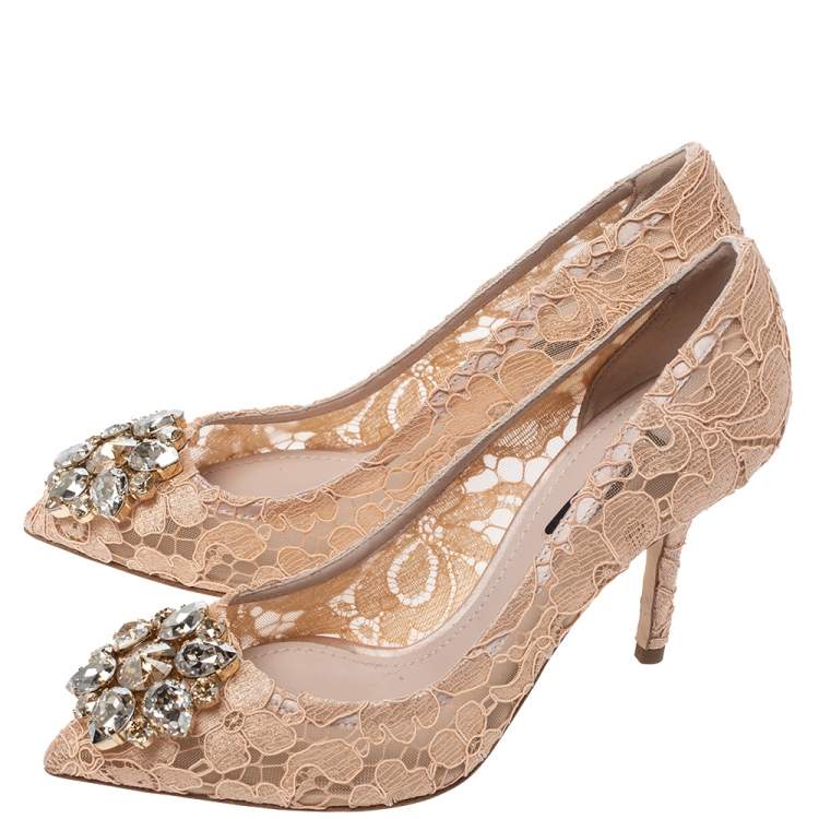 Pre Owned Dolce & Gabbana Beige Lace Jeweled Embellishment Pointed Toe Pumps Size 36