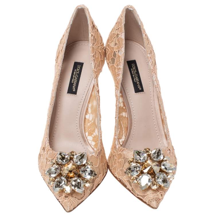 Pre Owned Dolce & Gabbana Beige Lace Jeweled Embellishment Pointed Toe Pumps Size 36