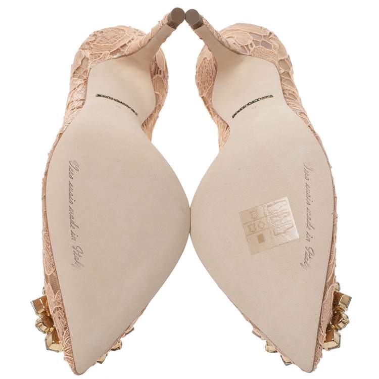 Pre Owned Dolce & Gabbana Beige Lace Jeweled Embellishment Pointed Toe Pumps Size 36