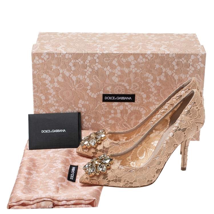 Pre Owned Dolce & Gabbana Beige Lace Jeweled Embellishment Pointed Toe Pumps Size 36