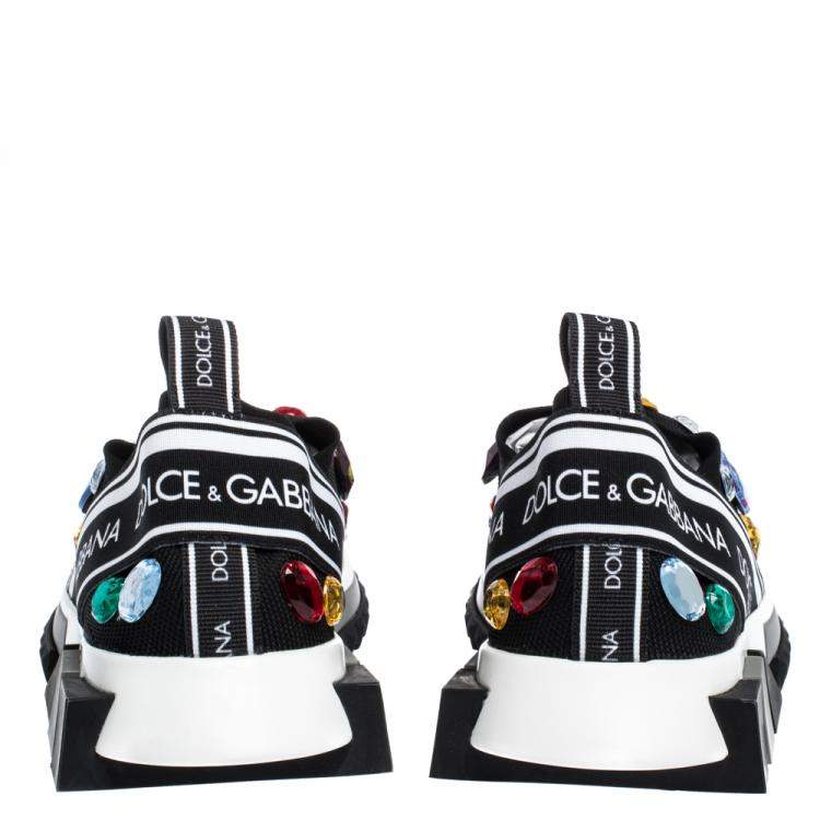 Pre Owned Dolce & Gabbana Black/White Stretch Jersey Crystal Embellished Slip On Sneakers Size  38