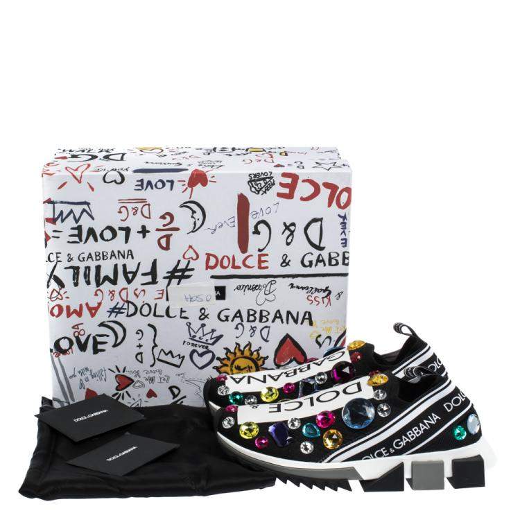 Pre Owned Dolce & Gabbana Black/White Stretch Jersey Crystal Embellished Slip On Sneakers Size  38