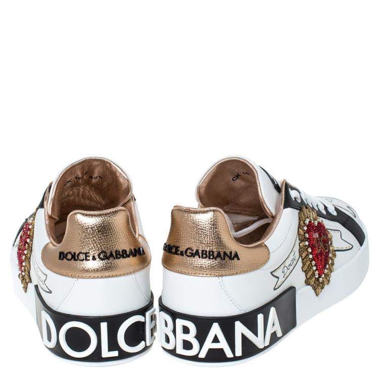 Pre Owned Dolce & Gabbana White Leather Logo Embellished Lace Up Sneakers Size 40.5
