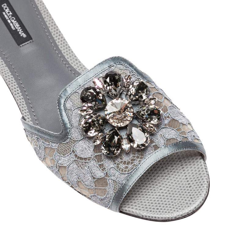 Pre Owned Dolce & Gabbana Grey Lace Jeweled Embellishment Flat Slides Size 37
