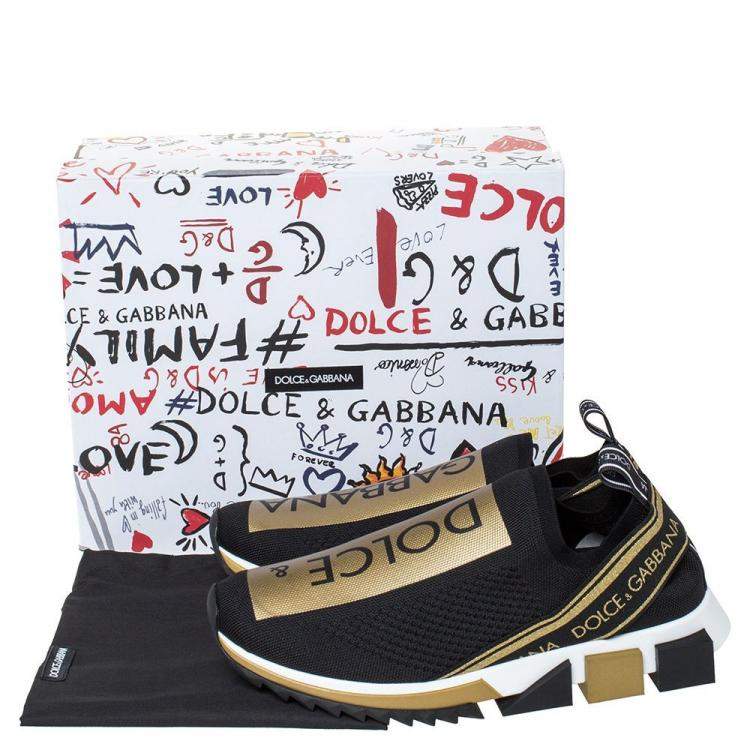 مملوكة مسبقًا Dolce & Gabbana Black/Gold Stretch Jersey Logo Print Slip On Sneakers Size 36.5