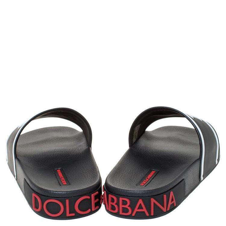 مملوكة مسبقًا Dolce & Gabbana Black Leather and Rubber Slides Size 40