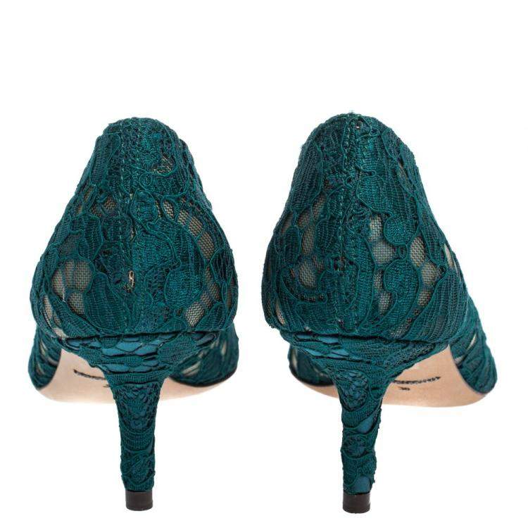 Pre Owned Dolce & Gabbana Green Lace Jeweled Embellishment Pointed Toe Pumps Size 38.5