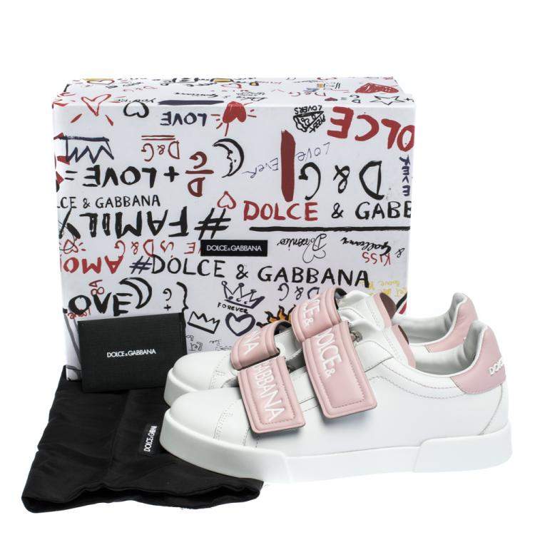 Pre Owned Dolce & Gabbana White/Pink Leather Logo Velcro Straps Sneakers Size 40.5